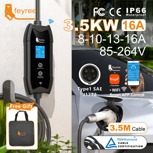feyree Type1 Portable EV Charger 3.5m Cable with WIFI APP Control 16A 3.5kW Set Charging&DelayTime for EV Cars,Plug customizable