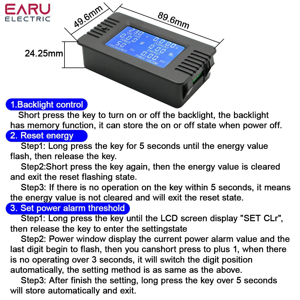 PZEM 5A 10A 100A Battery Capacity Tester AC80-260V 6in1 Voltage Current Power Capacity Meter Resistance Frequency Meter by 54Grid - Renewable Energy Store