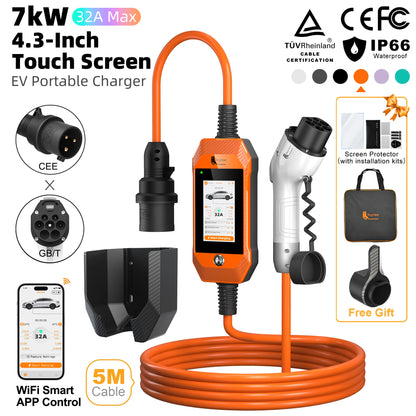 feyree GB/T EV Charger 7kW 32A 1P Touch Screen 4.3inch Smart WIFI APP Control EVSE Portable Charging Box forElectric Car Charger