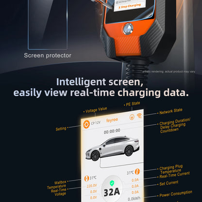 feyree EV Charger 32A 7kW 1P 4.3inch Touch Screen Type2 /Type1 /GBT /TS-NACS Portable Charger Smart APP WiFi Control for EV Cars