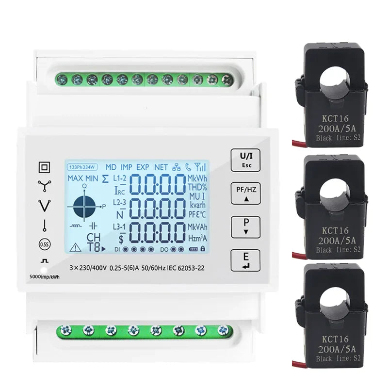 Din Rail 3 Phase Energy Monitor Consumption Power Meter kwh Ammeter With 3PCS RS485 Modbus 50/100/15/200CT 230VAC