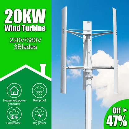 Wind Turbine Big Power Free Energy 20KW Vertical Axis 220V/380V Wind Generator 3 Phases 50HZ 3 Blades No Noise Home Farm Use - 54Grid - Renewable Energy Store