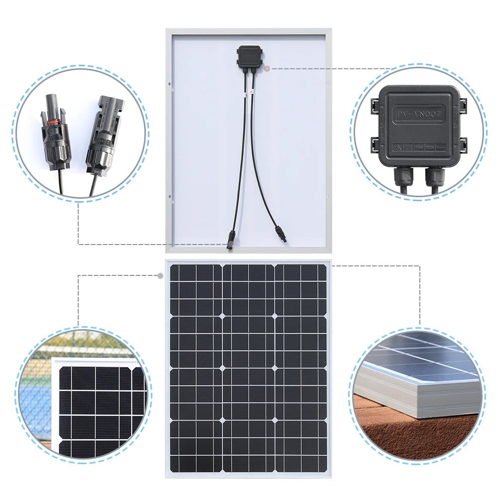 Wuzeck 50 Watt Solar Panel Rigid Glass Solar Module 50w 18v Cell Battery Charger Fast Home Outdoor Car Boat Camping 12v 24v 36v by 54Grid - Renewable Energy Store